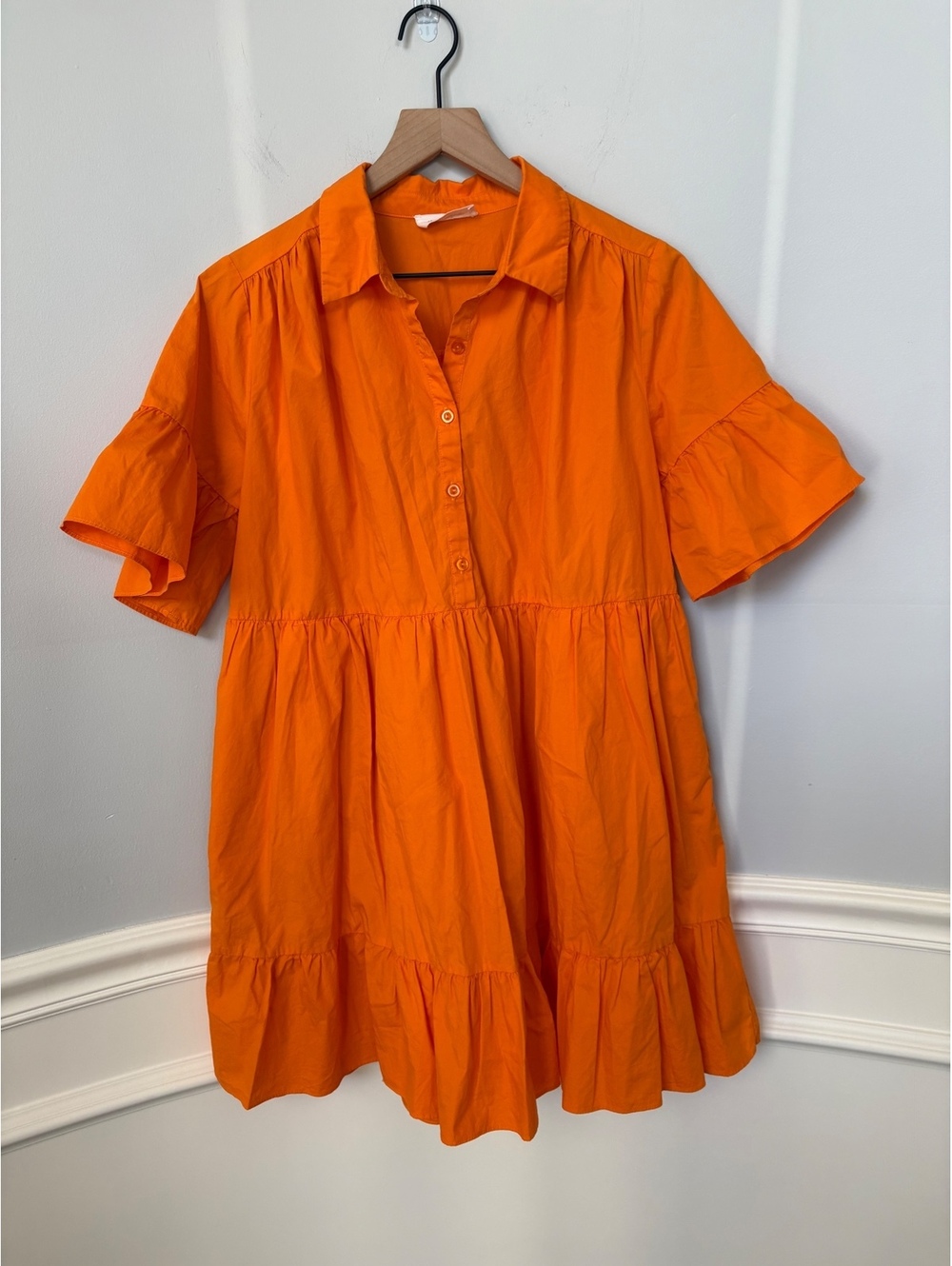 Mittoshop Small Orange Collared Button-Down Dress with Ruffle Sleeves and Hem